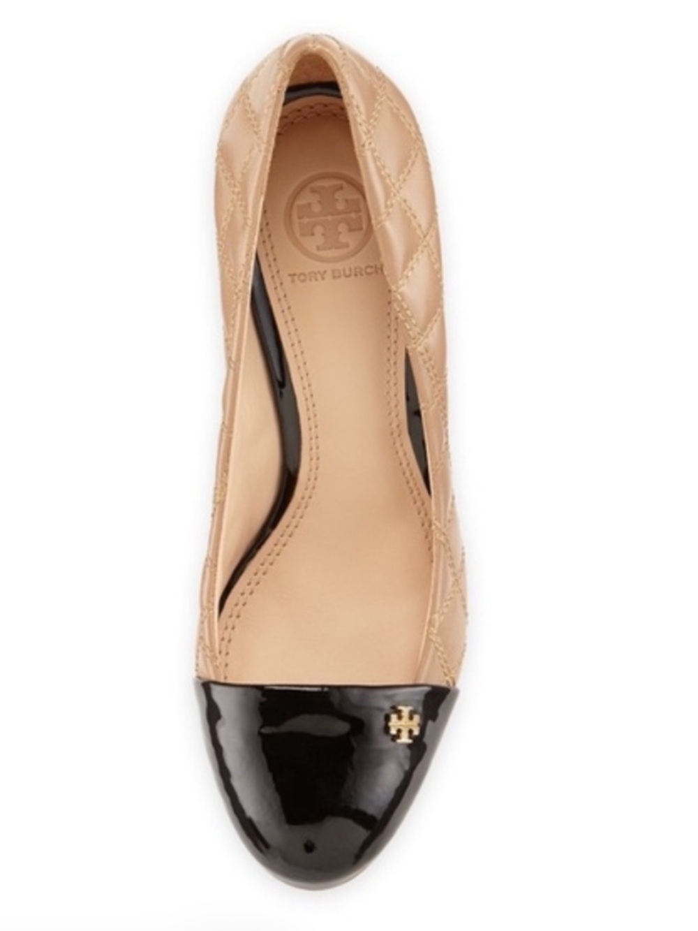 Tory Burch Claremont Quilted Tan Leather Black Patent Cap Toe Ballet Flats
